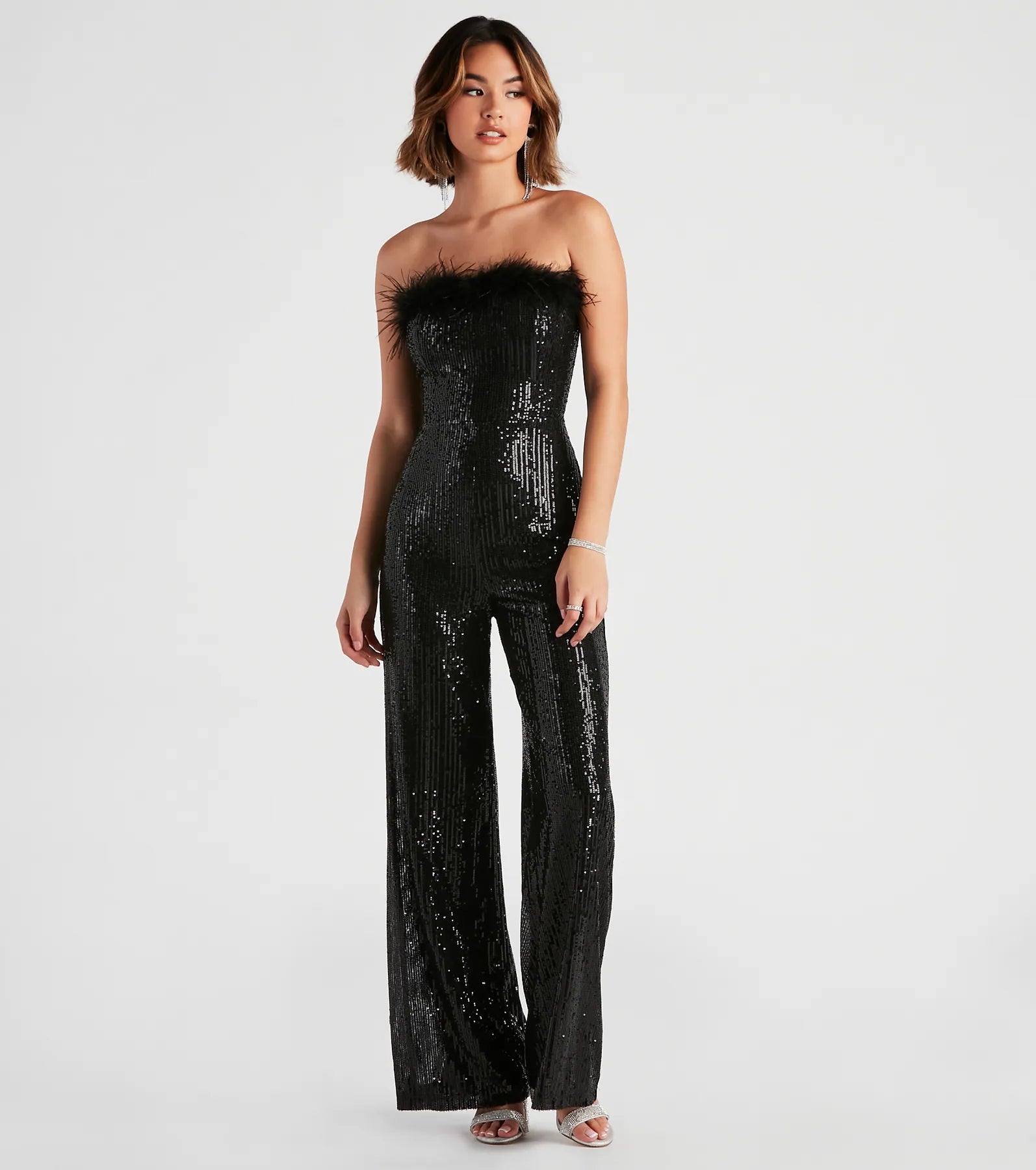 Mega Deal Always Fabulous Feather-Trim Sequin Jumpsuit