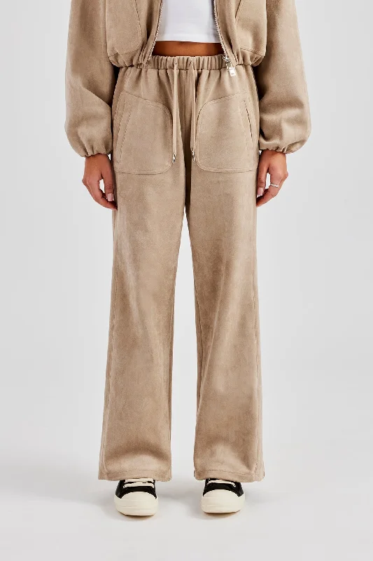 Weekend Discounts to Snag Suede Wide Leg Trouser- Beige