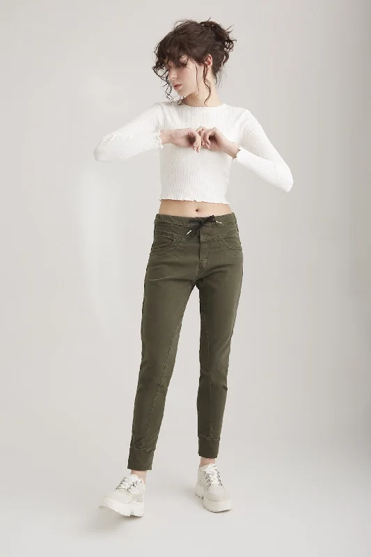 Discount Mania Mila Mid Waist Jogger 5 Pocket Ankle Pants Khaki