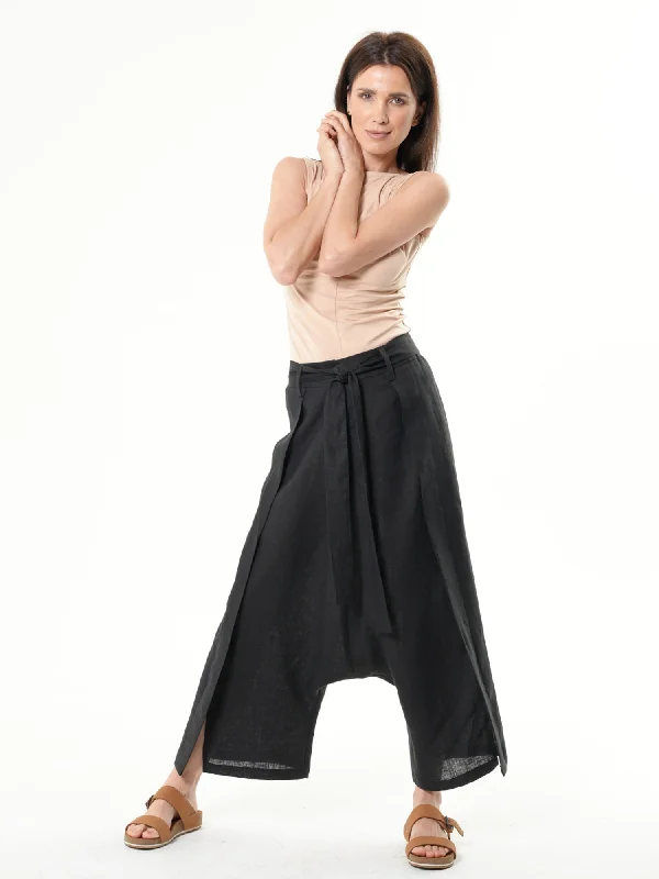 Price Buster Linen Drop-Crotch Pants In Black