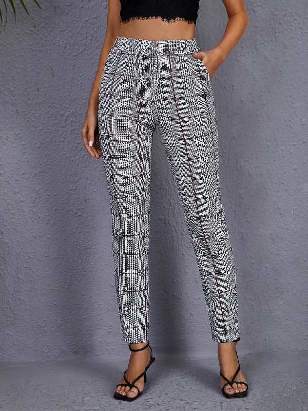 Holiday Sale Elegant Plaid Tie Front Natural Long Women Pants