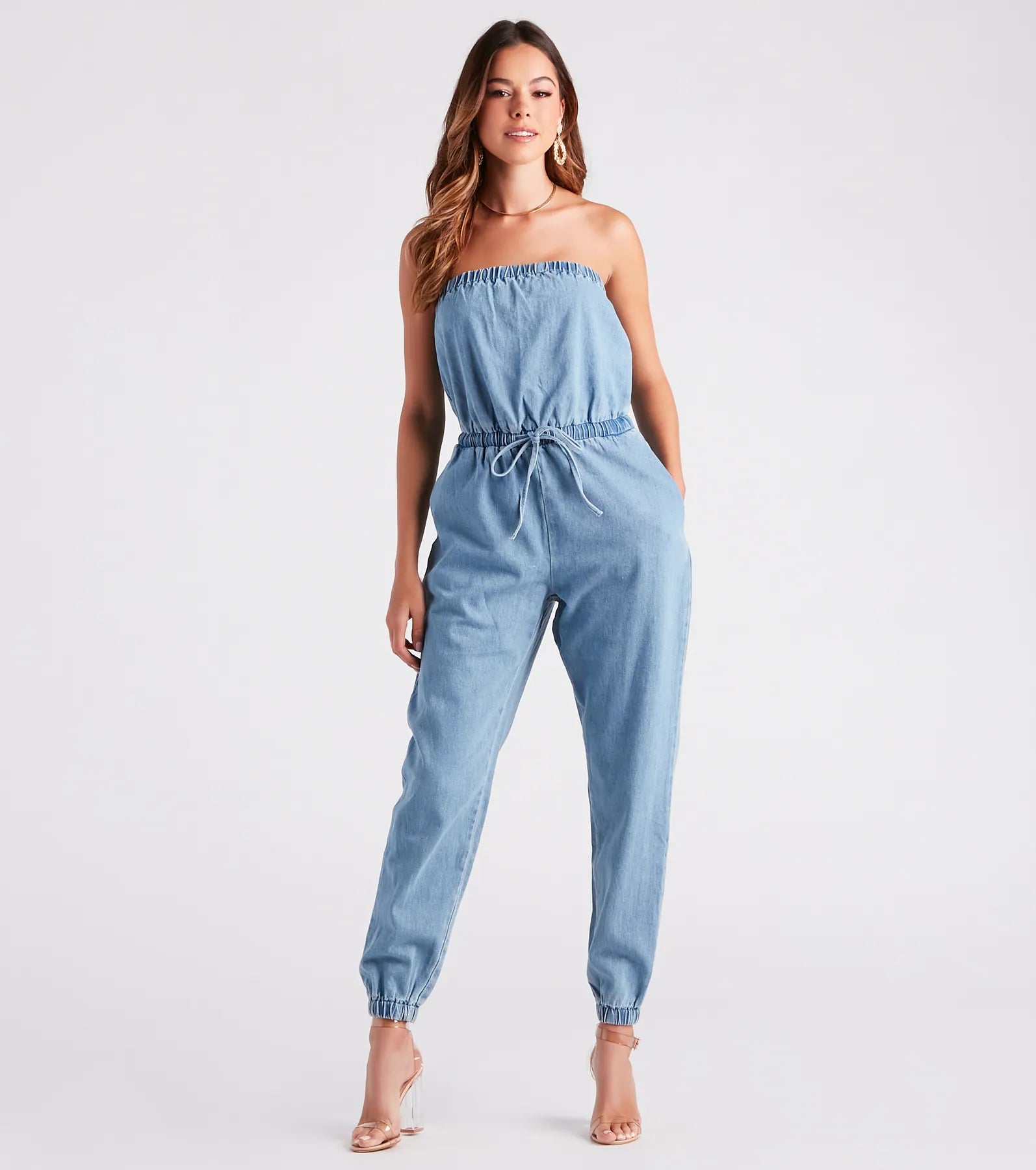 Cash Savings Fit Check Strapless Denim Jogger Jumpsuit