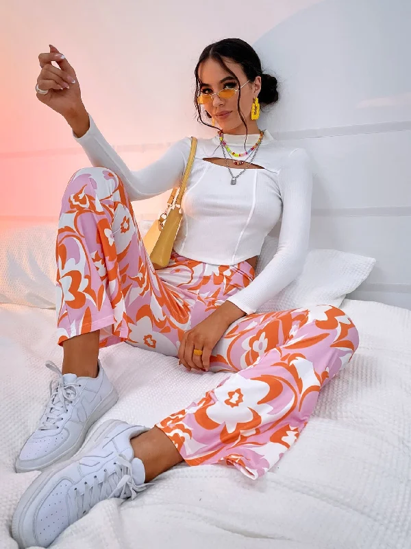Overstock Sale Casual All Over Print Semi-Sheer High Waist Long Women Pants