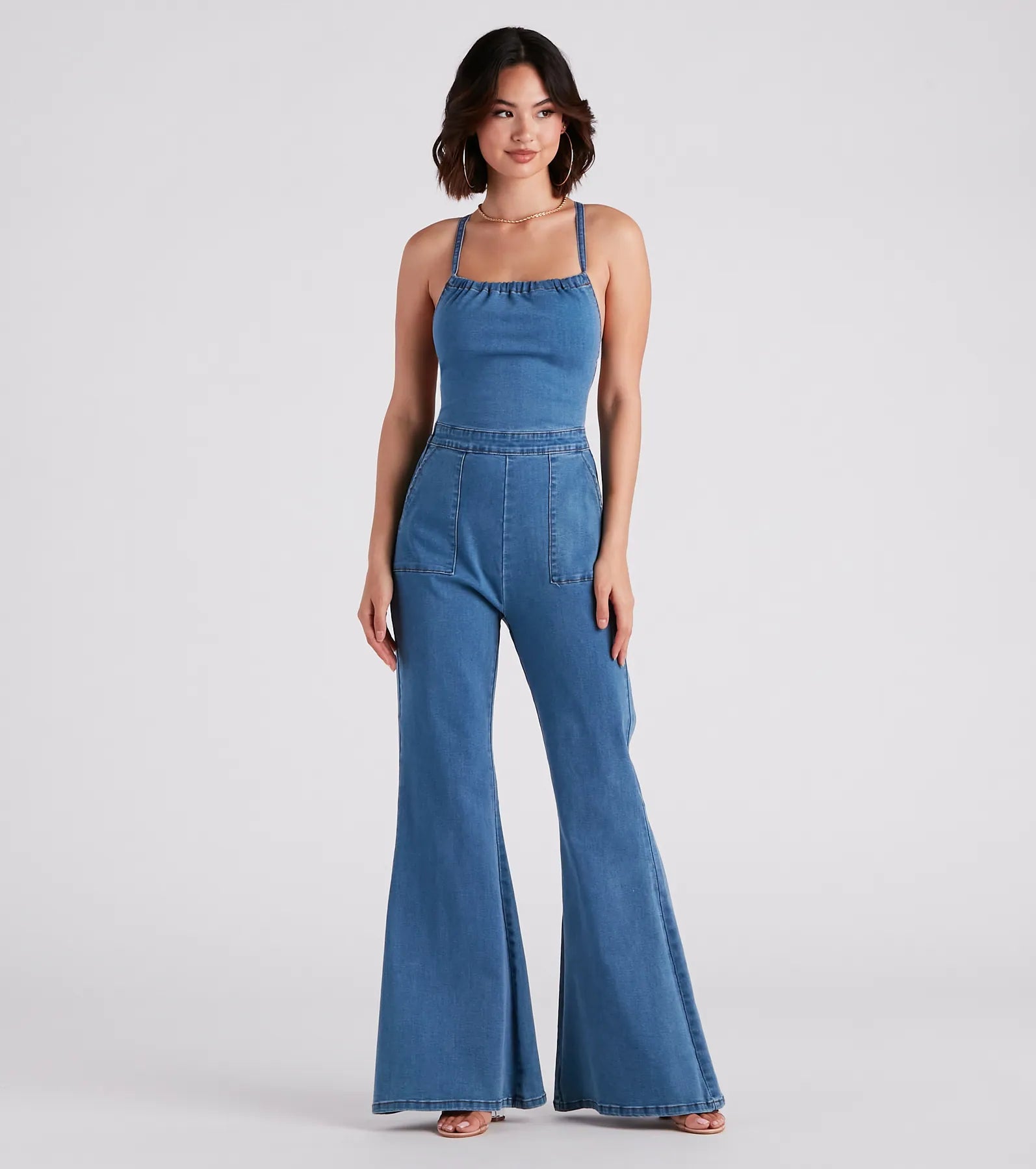 Weekend Discounts You Deserve So Major Halter Lace-Up Denim Jumpsuit