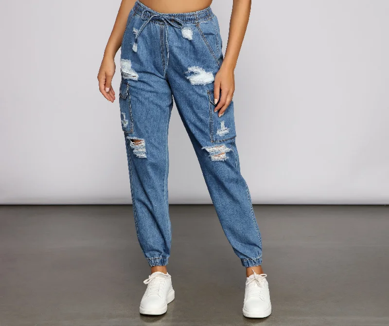 Unbeatable Prices High Rise Denim Cargo Joggers