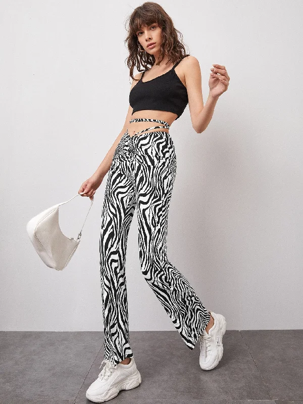 Weekend Specials to Relish Casual Zebra Stripe Tie Back Natural Long Women Pants