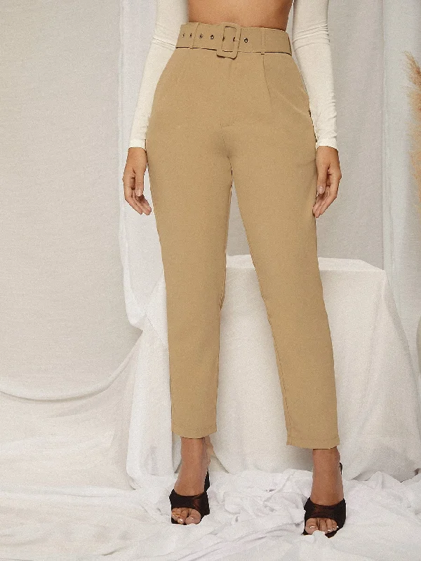 Sale Event Elegant Plain Belted High Waist Cropped Women Pants