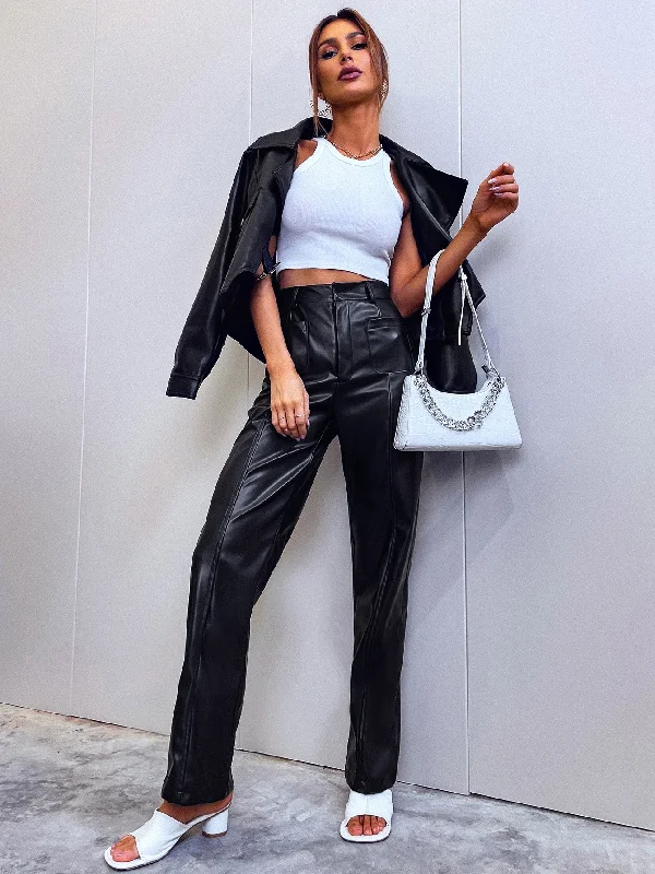 Stock Clearance Elegant Plain Pocket High Waist Long Women Pants