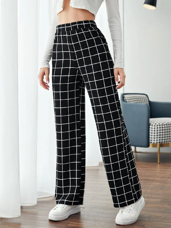 Weekend Discounts to Grab Casual Plaid High Waist Long Women Pants