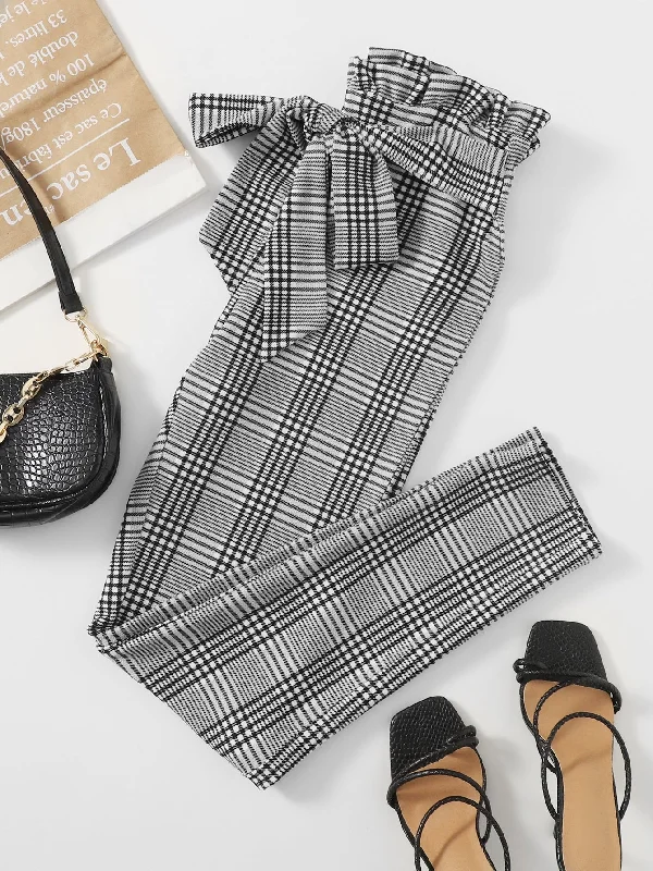 Weekend Shopping Extravaganza Preppy Plaid Paper Bag Waist High Waist Long Women Pants