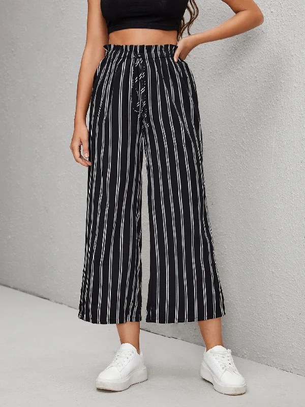 Lowest Rates Casual Striped Paper Bag Waist High Waist Cropped Women Pants