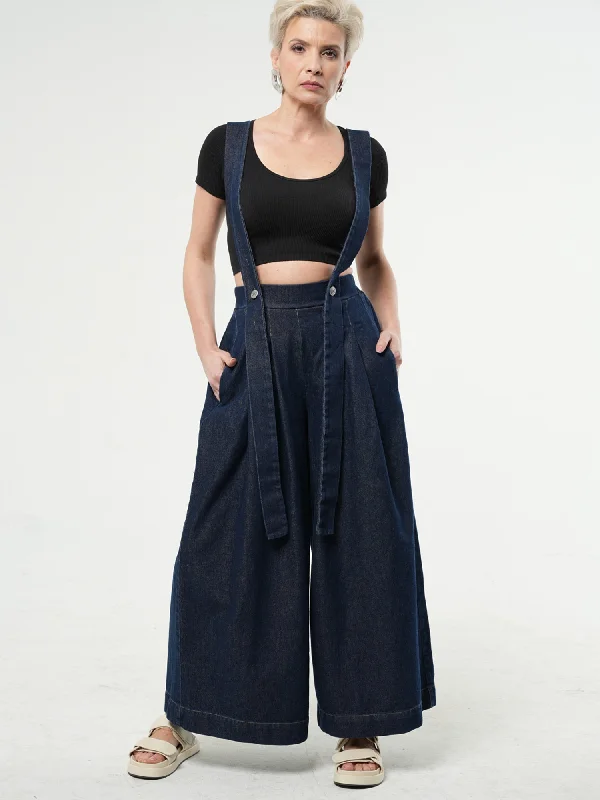 Hurry In Full-length Wide-leg Dark Denim Pants