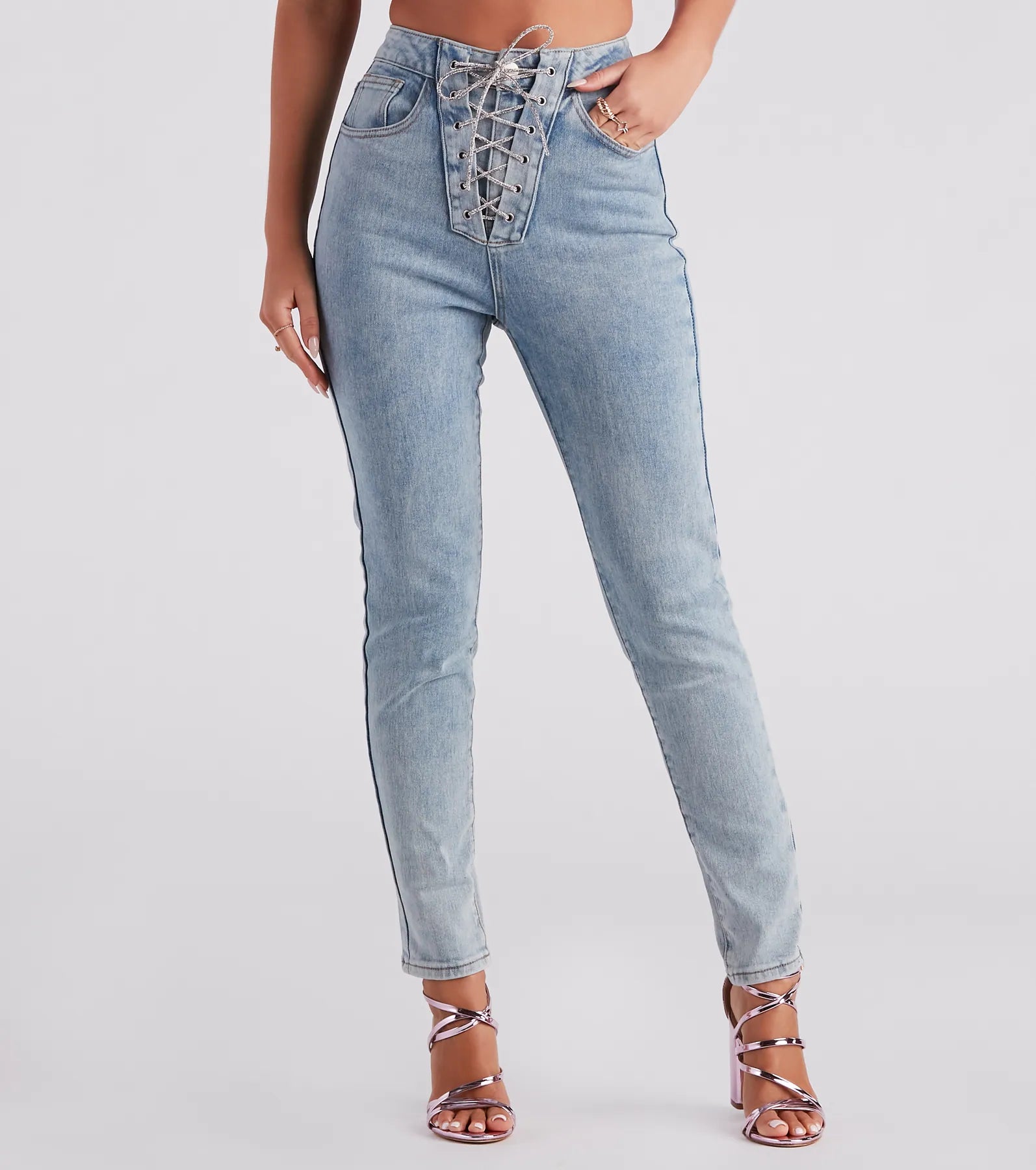 Weekend Offers That Tempt Glam Trendsetter Rhinestone Lace-up Skinny Jeans