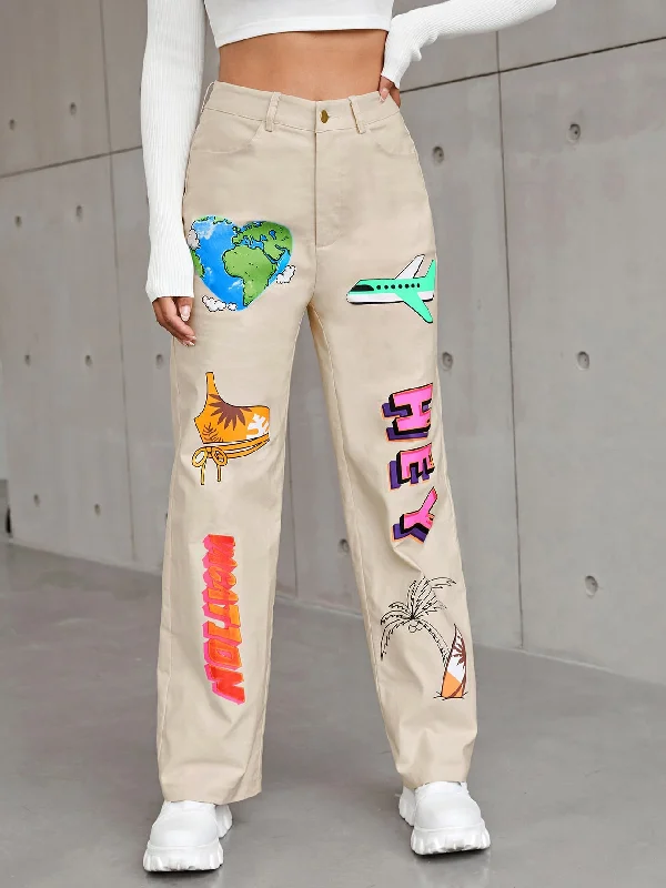 Price Fest Casual Slogan Zipper High Waist Long Women Pants