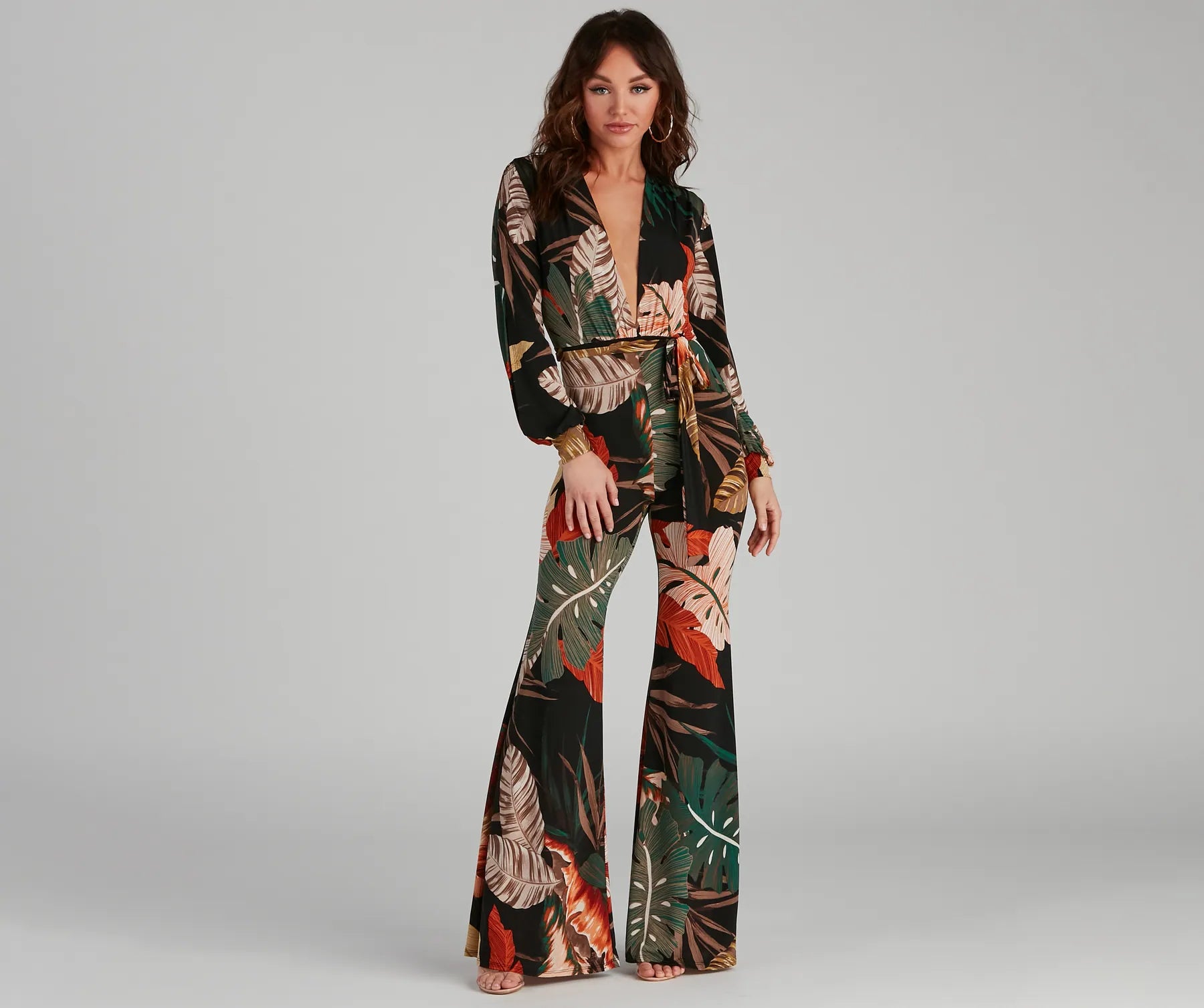 Quick Sale Island Getaway Plunge Neck Tropical Jumpsuit