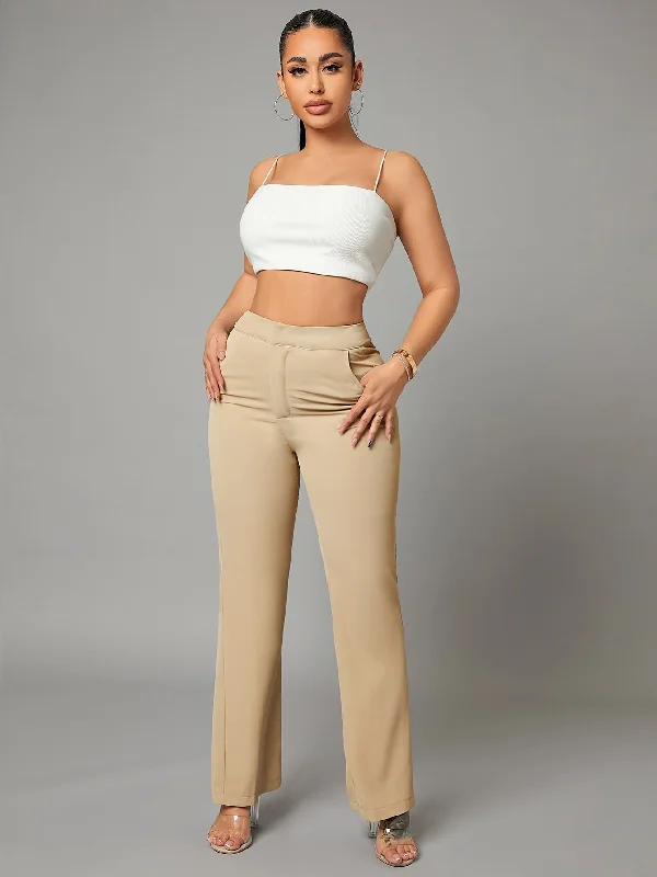 Weekend Offers That Amaze Elegant Plain Pocket High Waist Long Women Pants