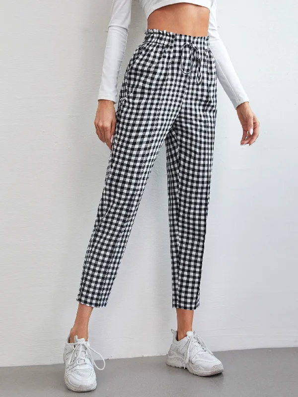New Deals Casual Gingham Knot High Waist Cropped Women Pants