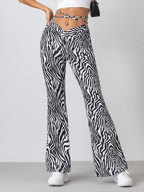 Limited Quantity Casual Zebra Stripe Tie Back Drop Waist Long Women Pants