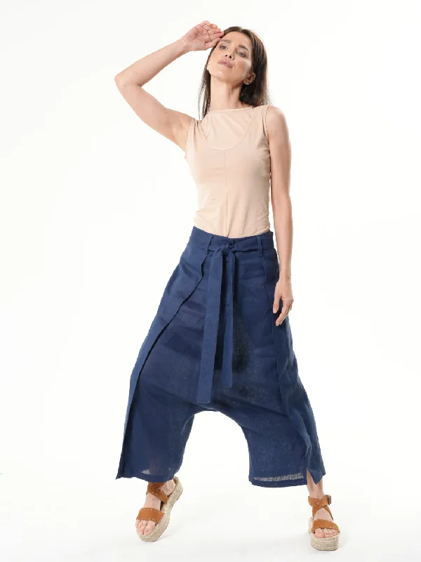 Deal Frenzy Linen Drop-Crotch Pants In Blue