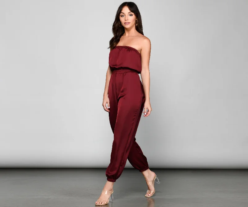 Best Bargains Sleek Strapless Satin Jumpsuit