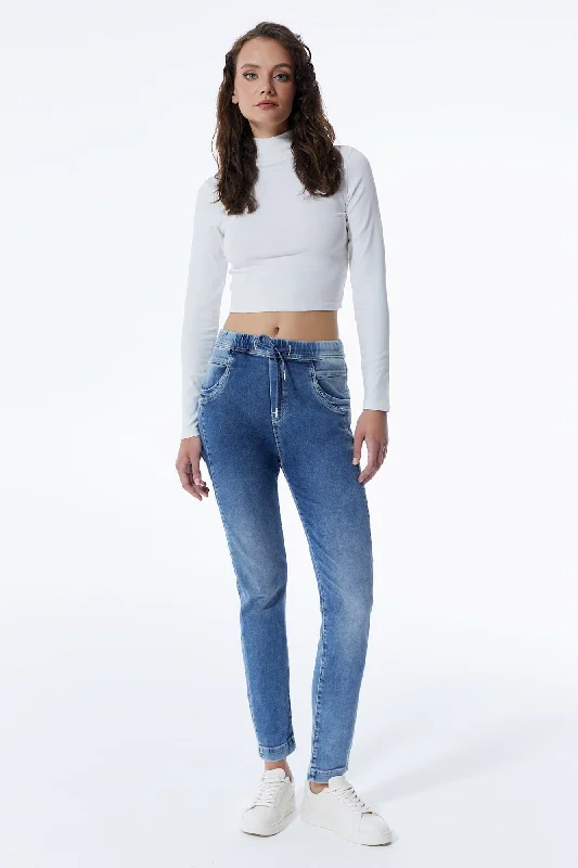 Steals and Deals Ella Mid Waist Jogger 5 Pocket Ankle Jeans Medium Blue Denim