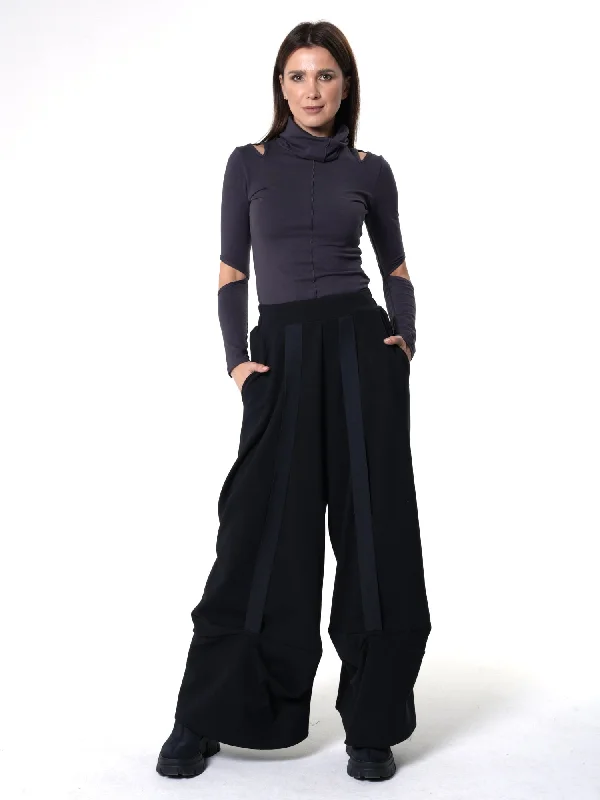 Weekend Specials to Cherish Wide-Leg Black Pants With Stripes