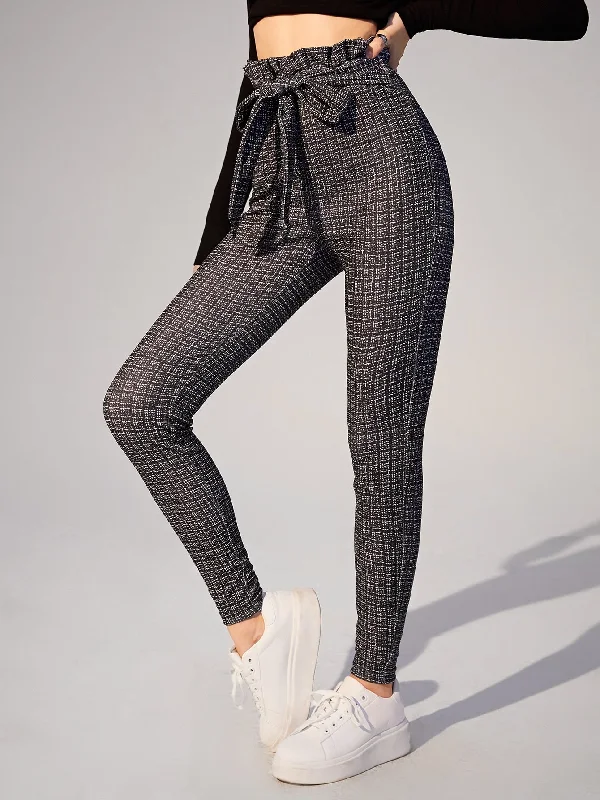 Exclusive Access Casual Plaid Tie Front High Waist Long Women Pants