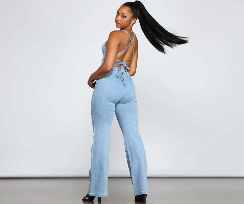 Extra Savings Retro Icon Lace Up Denim Jumpsuit