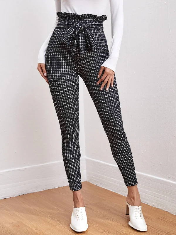 Overstock Casual Plaid Paper Bag Waist High Waist Cropped Women Pants