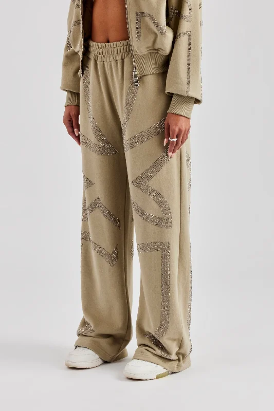 Weekend Bargains to Celebrate Rhinestone Cross Wide Leg Jogger - Khaki