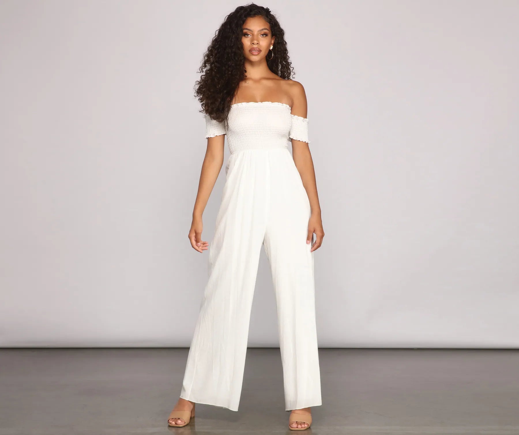 Super Deal Vacay Bound Off The Shoulder Smocked Jumpsuit