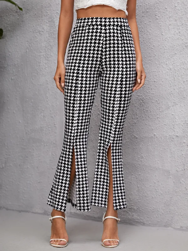 Inventory Reduction Elegant Houndstooth Split High Waist Long Women Pants