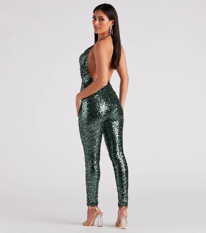 Super Savings Stunning Shine Sequin Halter Catsuit