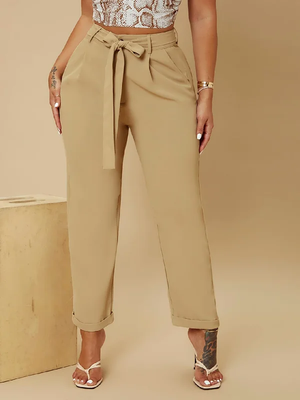 Bonus Savings Elegant Plain Belted High Waist Cropped Women Pants