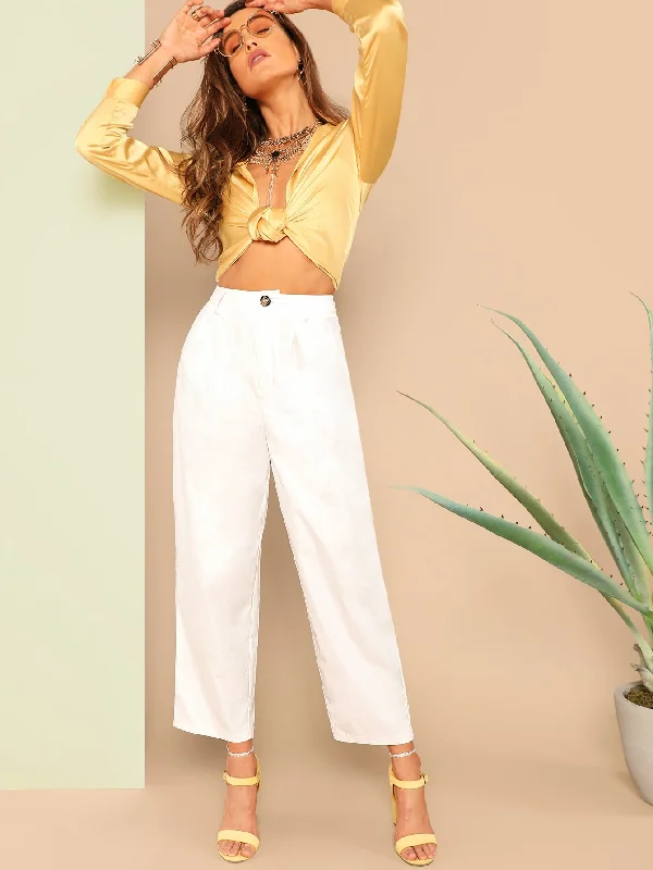 Super Bargain Casual Plain Zipper Natural Cropped Women Pants