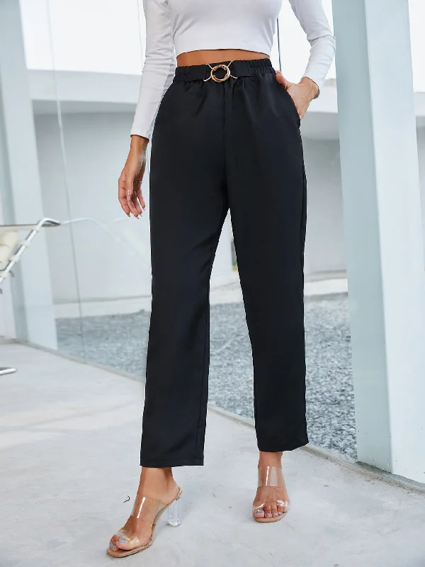 Deal Alert Elegant Plain Ring High Waist Cropped Women Pants