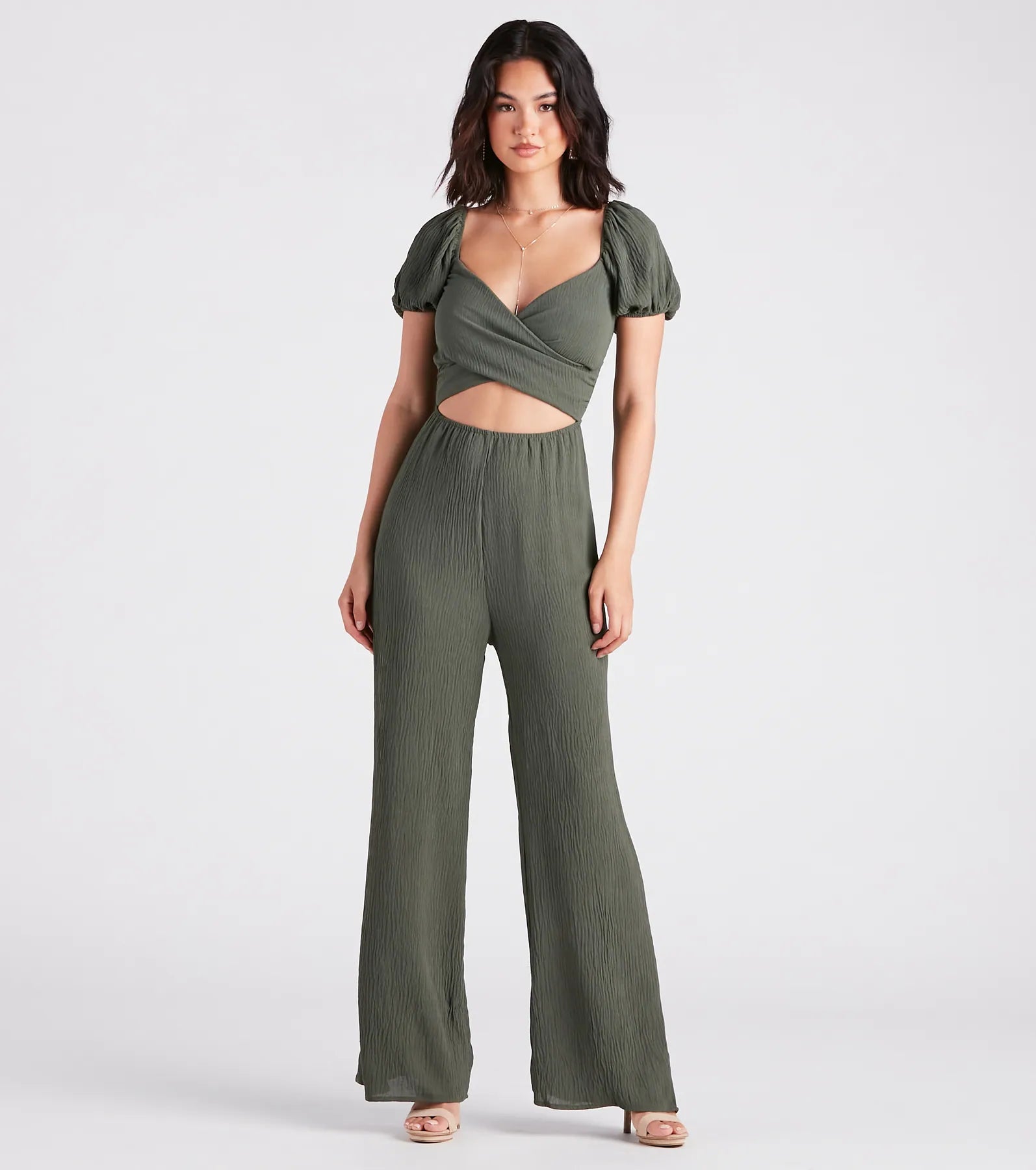 Must-Have Deals Flirt On Check Linen Puff Sleeve Jumpsuit