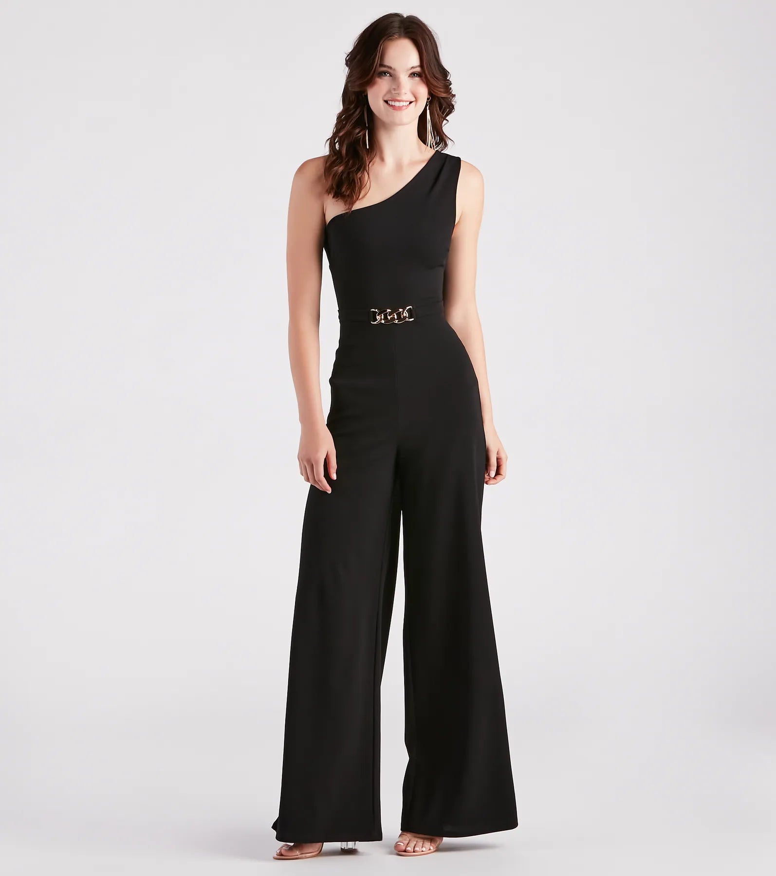 Limited Offer Chain Direction One Shoulder Crepe Jumpsuit