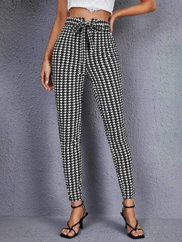Weekend Offers That Amaze Casual Houndstooth Belted High Waist Cropped Women Pants