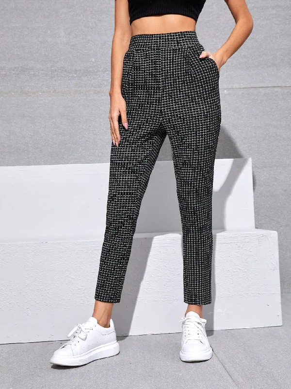 Weekend Offers That Sizzle Casual Plaid Pocket High Waist Cropped Women Pants