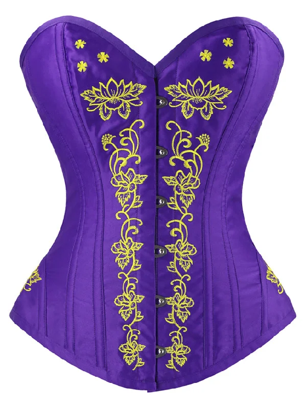 Classical Vintage Steel Boned Overbust Corset with Floral Embroidery for Women