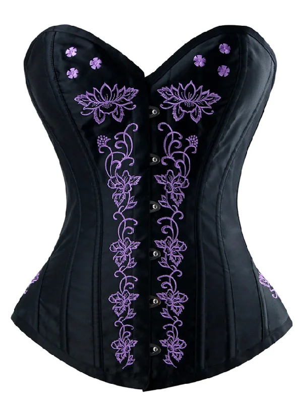 Classical Black Vintage Steel Boned Overbust Corset with Floral Embroidery