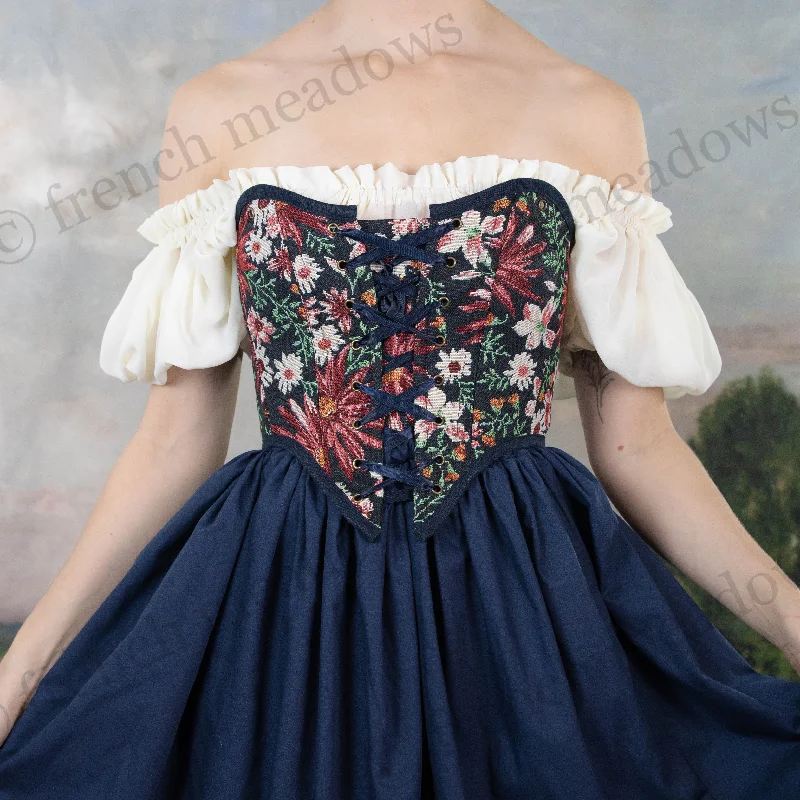 Super Deal Dark Blue Floral Tapestry Corset Top