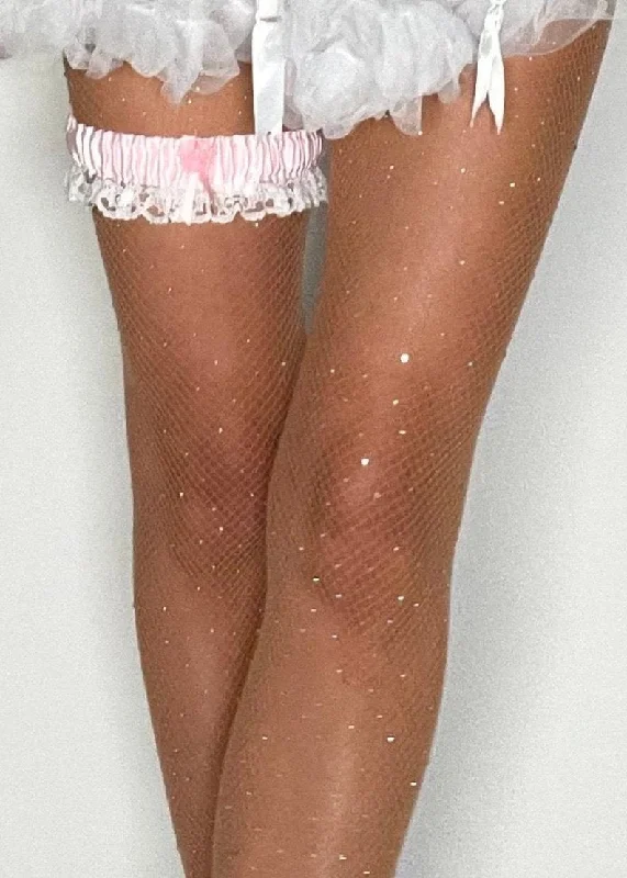 Diamanté Embellished Beige Fishnet Pantyhose Curve-Hugging Tights