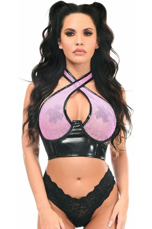 Sale Event Lavish Lt Pink/Black Vinyl & Fishnet Halter Top Underwire Cincher