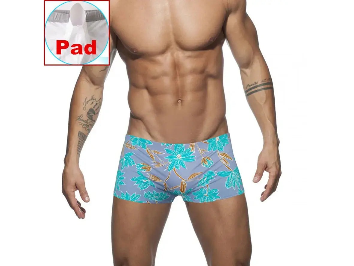 Weekend Deal Gay Swim Trunks | Sexy Leaf Print Pushup Pad Swim Trunks