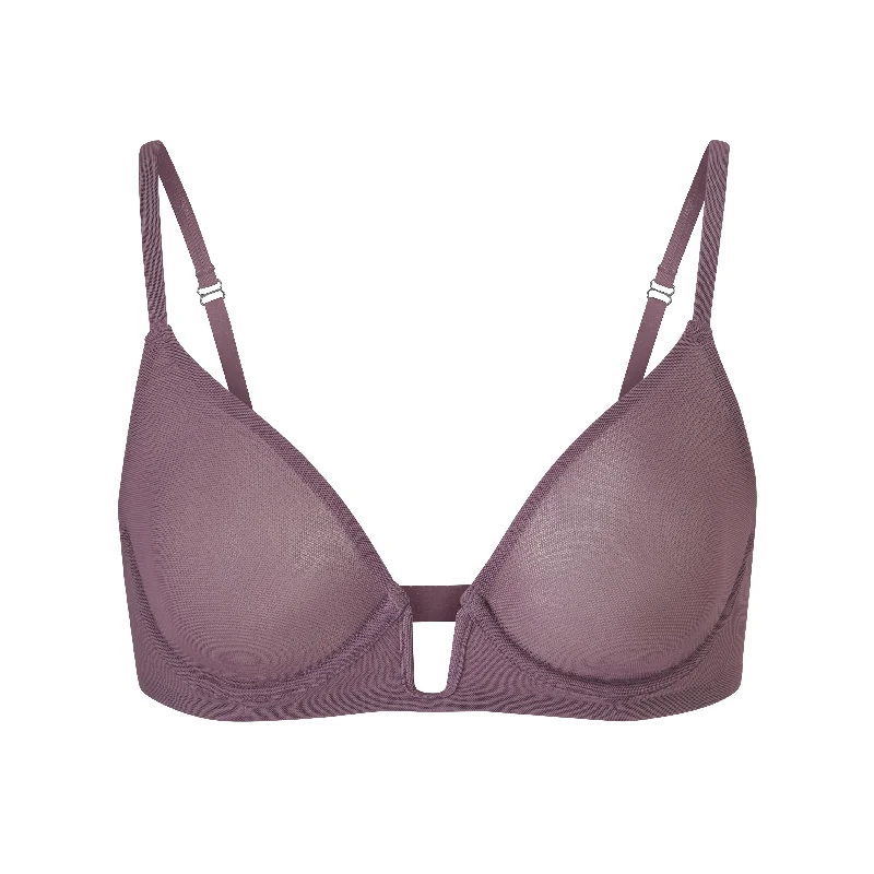 MESH ONE WIRE PLUNGE BRA | PLUM