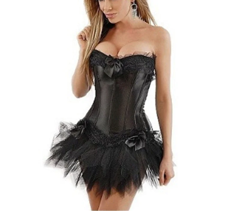 Weekend Special New Sexy Gothic Satin Lingerie Lace Corset Top + G-string + Skirt Bustier Mini Tutu Wedding Dress Costume Black Corset S-6XL