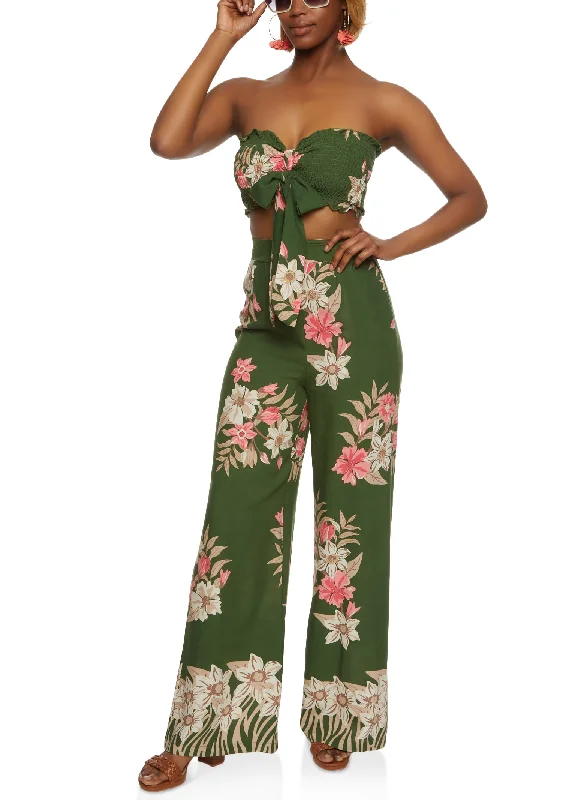 Midnight Madness Floral Print Tie Front Smocked Bandeau Top