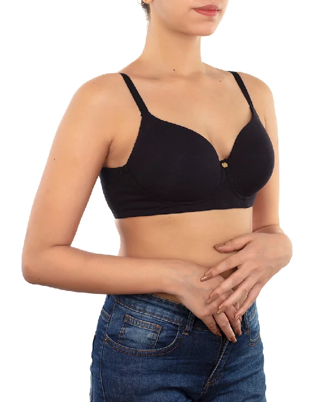 Super Deal LOSHA SIDE SMOOTHING BIO WASHED ANTI BACTERIAL COTTON WIRELESS T-SHIRT BRA-BLACK